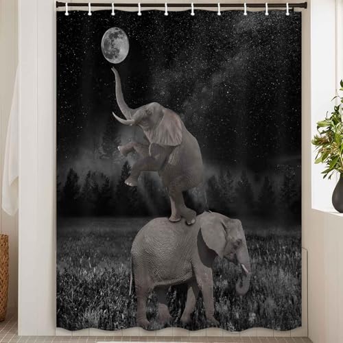 Image of Boziqr Funny Shower Curtains for Bathroom, Cute Elephant Moon Forest Bath Curtain, Rustic Farmhouse Decor Polyester Fabric Fun Cool Animals Black 60 x 70 Inches