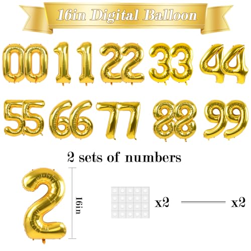Image of TONIFUL 20 Pcs Number Balloon 2 Set 16 Inch Gold 0-9 Numbers Balloons | Small Custom Digital Mylar Foil Ballons for Birthday Baby Shower Graduation Anniversary 2027 New Year Eve Party Decorations