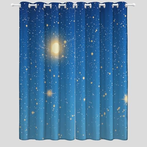 Cortina Opaca Cielo Estrellado Minimalista Luna Patrón 140An x 260Al cm (8 Paneles) Cortinas térmicas con Ojales, Cortinas Opacas para salón, Cortinas antiruido para Dormitorio Azul