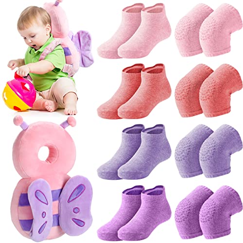 Image of Baby Protection Set Including Toddler Baby Head Protection Cushion Backpack Wear, 4 Pairs Baby Crawling Anti Slip Knee Pads Safety Pad 4 Pairs Baby Socks for Baby Walking Crawling (Butterfly Style)