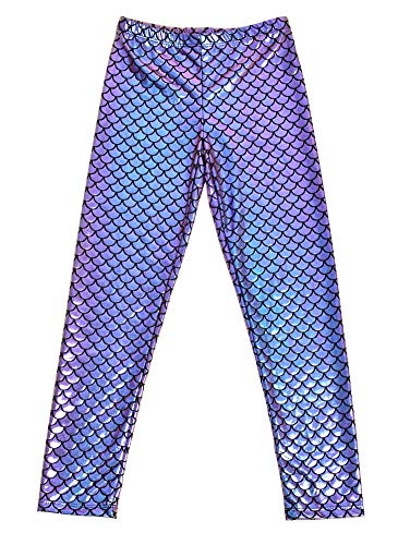Kids Girls Shiny Metallic Leggings - Wet Look Tights/Mermaid Fish Scale Footless Long Pants For Dance Party Costume (Mermaid Purple, L) #TOP4