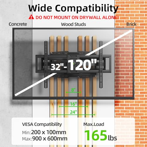 Image of USX MOUNT 8 inch Sliding Design /Heavy Duty Full Motion TV Wall Mount for 32-120 inch TVs, Ultra-Large Dual Arm Mount for 16 /18 /24 inch Studs with Swivel,Tilt&Level /Preassembled, Max VESA 900x600 up to 165lbs