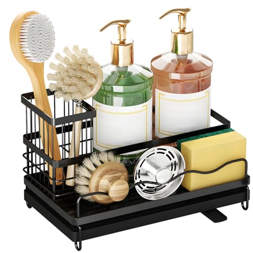 ERYUE Organizador para Fregadero de Cocina con Salida de Agua Ajustable, Soporte para Esponja Platos Acero Inoxidable Inoxidable Encimera y Baño, Tamaño Plateado 26,5 * 15,7 * 10,6 Cm (Negro)