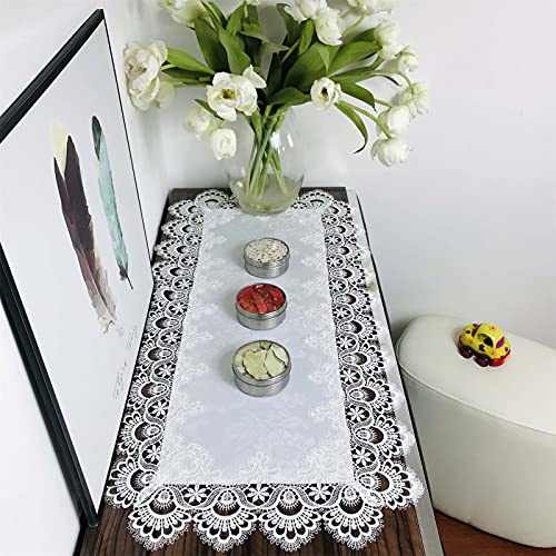 BrekSdat Rectangle Table Runner White Embroidered Lace 16 x 35 Inches Wedding Dining Table Dresser Scarf with Carnation Lace Fabric Washable for Kitchen Coffee End by BrekSdat - Used condition - US$11.44