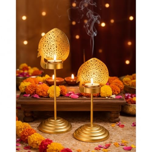 Image of 2 Metal Tea Light Holder Stand | Peacock Yellow Candle Holder Home Decor | Perfect for Living Room, Bedroom, Pooja Space, Festive Decor, Weddings, Housewarming & Gifting Ideal for Diwali, Wedding