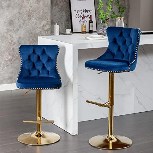 i-POOK Swivel Bar Stools Set of 2, Adjustable Counter Height Barstools with High Back, Button Tufted and Nailheads Trim, Velvet Upholstered Bar Chairs for Home Bar Kitchen Island Cafe, Blue