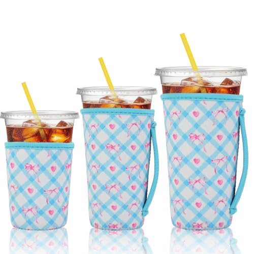 Image of KJQJLY 3 Reusable Iced Coffee Sleeves for Iced Coffee Cups or Drinks Reusable Neoprene Insulated Sleeves for Hot and Cold Drinks from Starbucks, Dunkin, And More (Blue Argyle Bows)