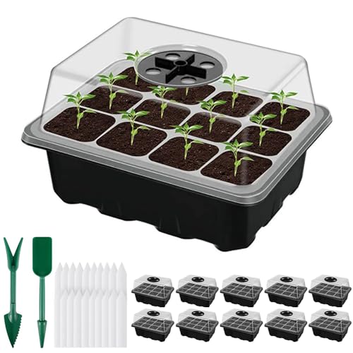 Afenau Bandejas Semilleros, 10Pcs 120 Agujeros Bandejas Semilleros de Germinacion, Bandejas para Semilleros con Pala, Mini Invernadero, Semilleros Bandejas para Cultivo de Semillas, Verde