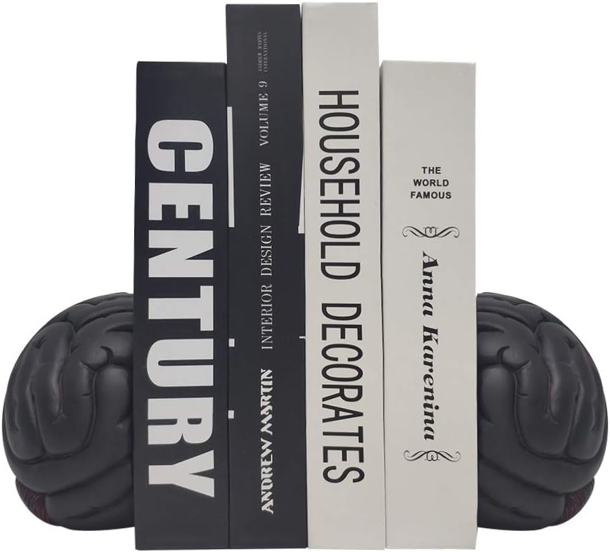 JSYS Brain Bookends, Universal Economy Decorative Bookends, Heavy Book Ends Supports for Books, 6"(L) x6(W) x4.5(H) inchs, Black,1Pair/2Piece (Brain Bookends)