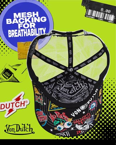 Image of Von Dutch Monogram Trucker Cap - Retro Snapback Cap for Men and Women - Adjustable Snap Fit Panel, Mesh Rear, Curved Bill