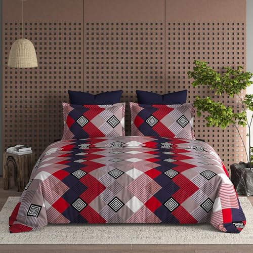 Image of DECOR2ADMIRE 300TC Premium Glace Cotton Printed Super King Size Double Bedsheet with Two Pillow Covers, 108 * 108 Inches or 9ft by 9ft or 275 cm x 275 cm (Red Multi Checkers)
