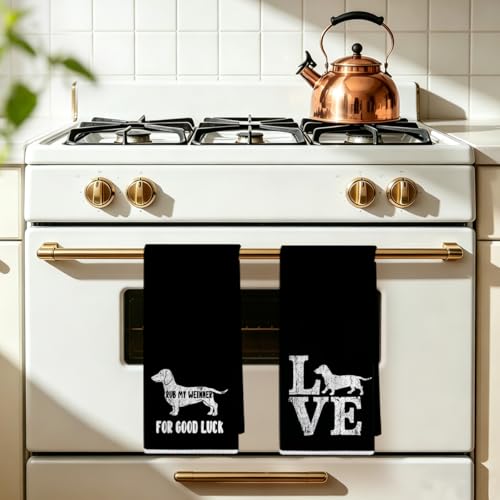 Image of 2 Pcs Funny Dachshund Kitchen Towels 24x14 Inch, Dachshund Gifts Reusable Dish Towels for Kitchen Decor, Waffle Weave Absorbent Tea Towel, Cute Weiner Dog Gifts for Women Mom Friend (Black)