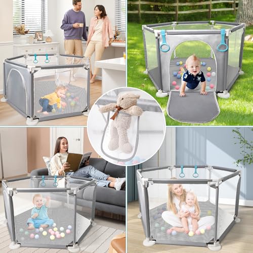 CHOLY Baby Laufstall für Babys und Kleinkinder, stabiler sechseckiger Laufstall mit atmungsaktivem Netz, Aktivitätszaun für Kinder für drinnen und draußen mit Reisetasche (Hellgrau)