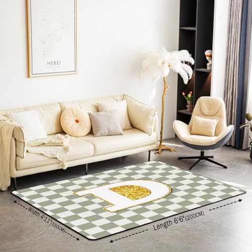 Image of Erosebridal Sage Green Checkered Area Rug 5x7 Plaid Initial D Living Room Rug Non Slip Personalized Monogram Carpet for Bedroom Kitchen Fashion Grids Gingham Indoor Floor Mat Non Slip