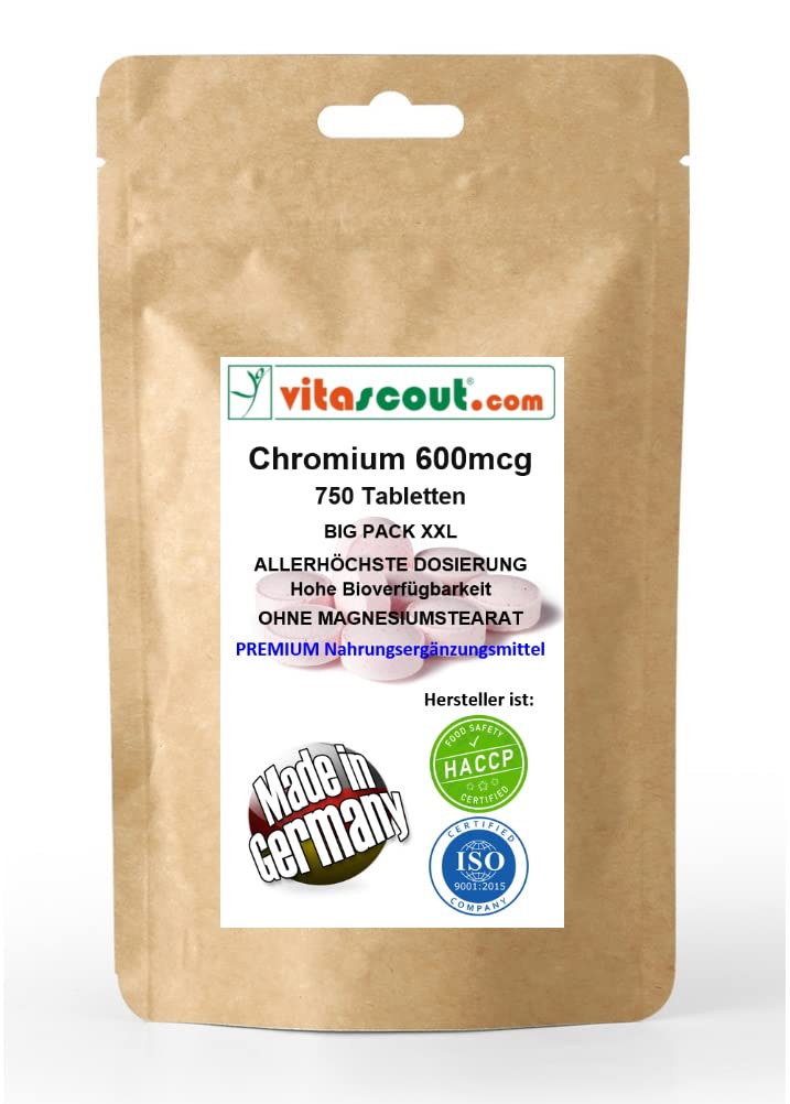 **Chromium Picolinate 600 mcg pro Tablette, 750 Tabletten, Großpackung für mehrere Personen, Ohne Magnesiumstearat, Unterstützt Stoffwechsel, Vegan**