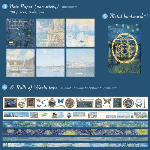 Image of 346Pcs Paper Vintage Aesthetic Scrapbook Kit Scrapbooking Supplies Kit With Bullet Junk Journal, Stationery, Washi Stickers A6 Grid Notebook Journaling Gift For Girl (Blue Scrapbook)