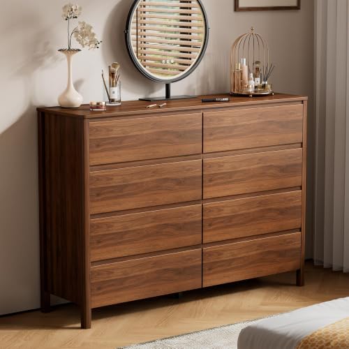 Image of Furniway Walnut Dresser and Nightstand Set 3 Piece, 8 Drawer Dresser with 3 Drawer Nightstands Set of 2, Modern Wood Chest of Drawers, Handleless Bedroom Storage Set