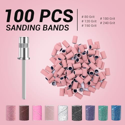 Image of MelodySusie 100 Pcs Nail Drill Bits Sanding Bands for Nail Drill 120 Medium Grit Nail File Sanding Bands for Acrylic Nails Gel Manicures and Pedicure, Pink