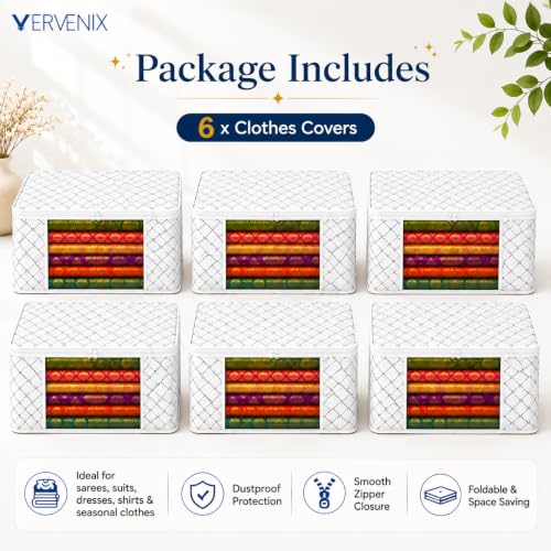 Image of VERVENIX Saree Cover Pack of 6, Large Size White Triangle Pattern Clothes Storage Bags with Zipper & Clear Window, Dustproof Wardrobe Organizer for Sarees, Suits, Dresses & Shirts,46.3 x 36 x 22.5 CM