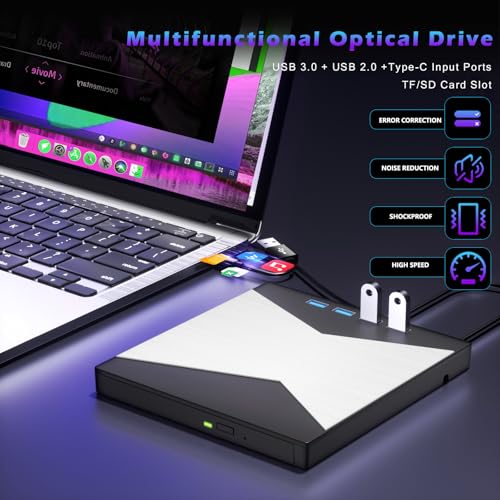 Image of Wbacon External CD /DVD Drive for Laptop, USB 3.0 & 4 USB Ports CD Drive