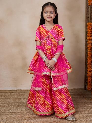 Pspeaches Girl's Cotton Blend 1 Kurti, 1 Sharara, 1 Dupatta (Sha-Magentastripe-7-8Y_Magenta
