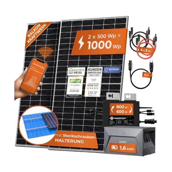 Solarway® 1000W Balkonkraftwerk mit Speicher 800W komplett Steckdose - neuester 800 Watt Wechselrichter - 1,6 kWh Anker Solix 1-500W Solarmodule & Envertech & Anker