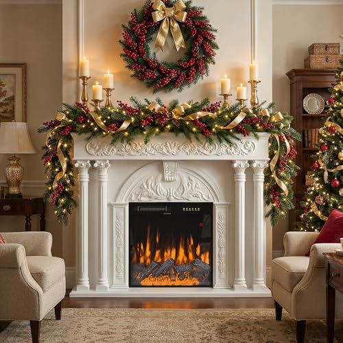 Image of Homsee 55-inch Fireplace with Mantel, Insert with 1500 /750W 23.6-inch Fireplace Heater, TV Stand Decord with Roman Columns in Pine Wood, Electric Fire Place with 12 Color Flame & 8 Hour Timer, White