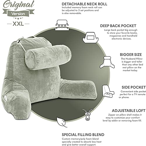 Husband Pillow Xxl Desert Sage Backrest With Arms - Adult Reading Pillow Shredded Memory Foam, Ultra-Comfy Removable Microplush Cover & Detachable Neck Roll, Unmatched Support Bed Rest Sit Up Pillow #TOP2