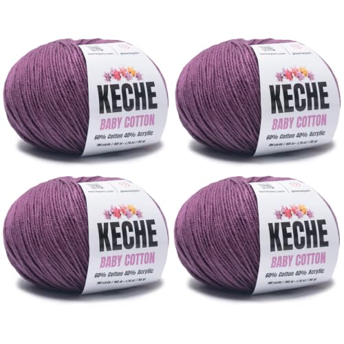 Keche Baby Cotton, 60% Cotton 40% Acrylic Yarn, Soft Cotton Yarn for Crochet and Knitting, Amigurumi Yarn 4 Skeins/Balls [1.76 Oz (50g) / 180 Yrds (165m)] x 4 - Plum