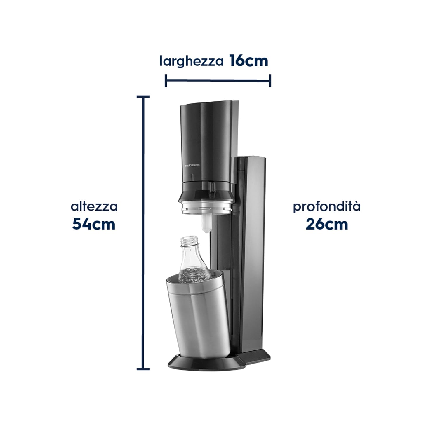 SodaStream – Gasatore d’acqua Crystal, sistema CO₂ Quick Connect, include cilindro di gas da 60 L, 2 bottiglie in vetro da 0,7 L, ecologico e riduce i rifiuti di plastica, colore nero.
