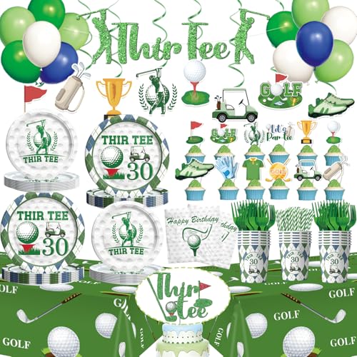 Image of Golf 30th Birthday Decorations, 194 PCs Thir-Tee Golf Party Decor Tableware Supplies with Napkins Plates Forks Cups Straws Balloons Banner Tablecloths Cake Cupcake Toppers