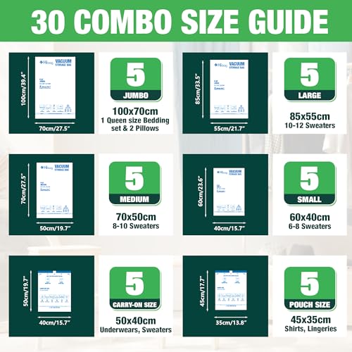 Image of HIBAG Vacuum Storage Bags with Electric Pump, 30 Pack Vacuum Seal Space Saver Bag for Clothes, Clothing, Pillows, Blanket Bedding Comforters
