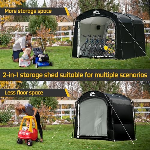 Image of Happy Travel Bike Storage Tent, Outdoor 8x7x6.3ft Large 2-in-1 Portable Shed More 30% Top Space W /Double Doors with Mesh, Outside Lawn Mower Shelter and Bicycle Cover for Patio Furniture, Garden Tools