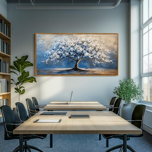 SERIMINO Tree of Life Wall Art, Framed Wall Art Large Artwork, Cherry Blossom Tree Abstract Paintings Prints, Nature Canvas Art Wall Decor, Blue Neutral Pictures for Living Room Bedroom Office 30"X60"