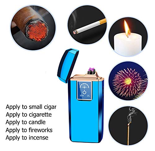 Lighters Dual Arc Lighter Windproof Plasma Lighter USB Rechargeable Lighters Flameless Electronic Lighter with LED Display for Cigarettes Candles Fireworks (Blue)
