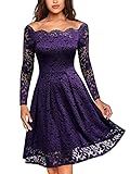MISSMAY Women's Vintage Floral Lace Long Sleeve Boat Neck Cocktail Party Swing Dress (X-Large, Purple)