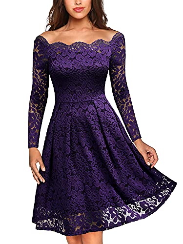 MISSMAY Women's Vintage Floral Lace Long Sleeve Boat Neck Cocktail Party Swing Dress, XX-Large, Purple