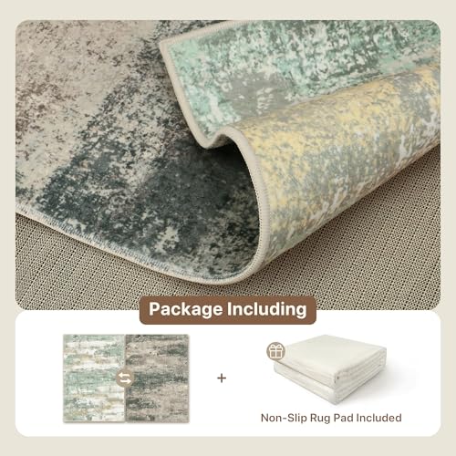 Image of BEIMO Reversible 2'6 inchx6' Runner Rugs for Hallway, Modern Abstract Dual-Sided Runners for Entryway, Machine Washable Soft Low Pile Kitchen Runner, Includes Non-Slip Rug Pad, Green & Grey
