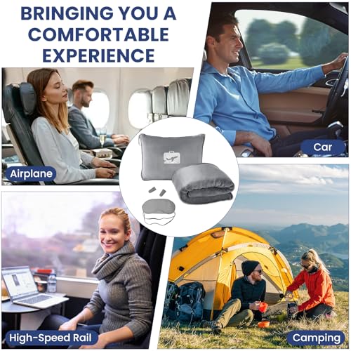 Veebmys 2 In 1 Reisedecke mit Kissen für Flugzeug und Auto, 60x50 Zoll aus Weichem Wärmendem Material, mit Ohrstöpseln und Schlafmaske, Ideal für Camping, Reisen und als Geschenk (Grau)