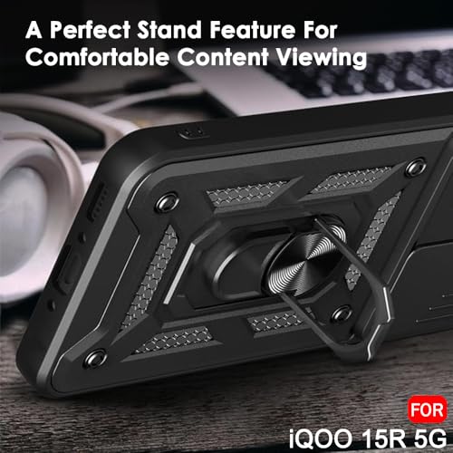 Image of TheGiftKart Back Cover Case for iQOO 15R 5G | Armor Bumper Case with Rotating Camera Cover, Kickstand & Ring Holder | 360 Degree Protection iQOO 15R Back Cover (PC & TPU, Black)