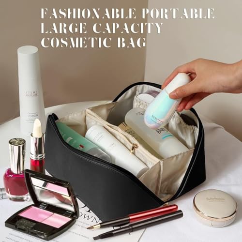 Image of ANGENIL Makeup Pouch Bag, Travel Pouches for Women, Vanity Bag for Women Latest, Cosmetic Organizer, Travel Toiletry Bag, Mini Makeup Bag and Skincare Pouch, Leather Vanity Bag (Black, Medium)