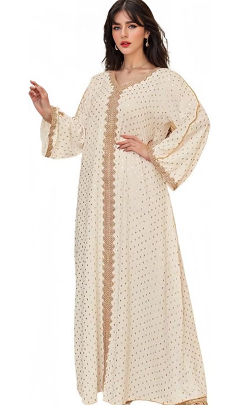 Women Summer Muslim Abaya Dress One-Piece Embroidered V Neck Bronzing Kaftan Dress Full Length Party Dress