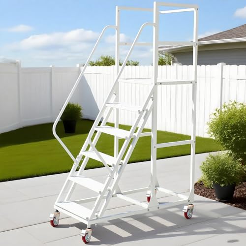 Image of 6 Step Rolling Ladder - Mobile Rolling Stairs with Wheels, Heavy Duty Industrial Safety Non-Slip Metal Rolling Ladders, 1100lbs Capacity, for Warehouse, Garage, Supermarket