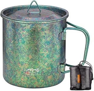 TiTo Titanium Cup Titanium Pot with Lid Ultralight Portable 450ml Foldable Handle Camping Tea Coffee Water Mug for Outdoor Backpacking Hiking Picnic Drinkware with Mesh Sack (Green)
