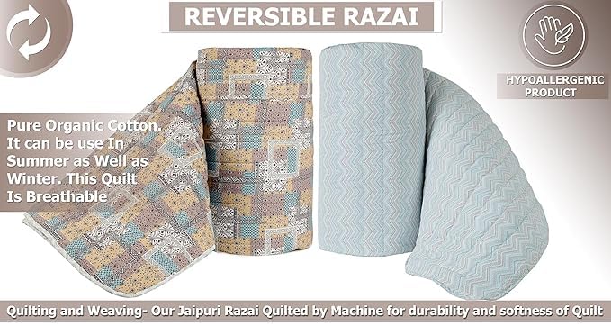 Image of SANMARINO Jaipuri Razai Single Bed Reversible Cotton Quilt | Traditional Ethnic Floral Print Dohar | Lightweight AC Comforter with Pure Cotton Filling | All-Season Blanket (Earthy Pastel Patchwork)