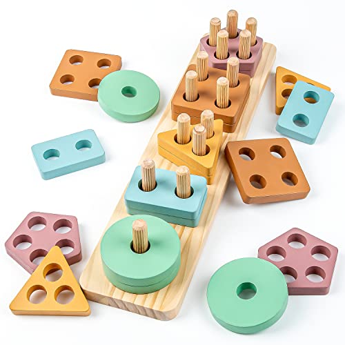 Image of Montessori Toys for 1 Year Old Baby Boy Girl, Wooden Blocks & Stacking Toys for Toddler, Color Recognition Shape Sorter Educational Wooden Toys for Kids 1 2 3 4 year old Preschool Learning Puzzle Gift