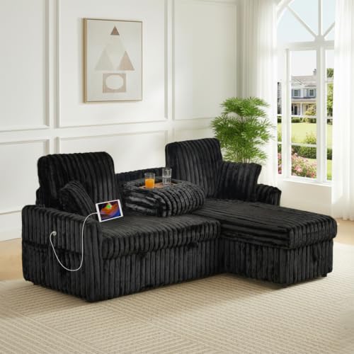 Image of KCGKCG 81 inch Sleeper Sofa Bed with Storage Chaise & USB Charging, Plush Corduroy L-Shaped Pull Out Couch Bed, Sectional Couches for Living Room with Cup Holder, Side Pocket(Black)