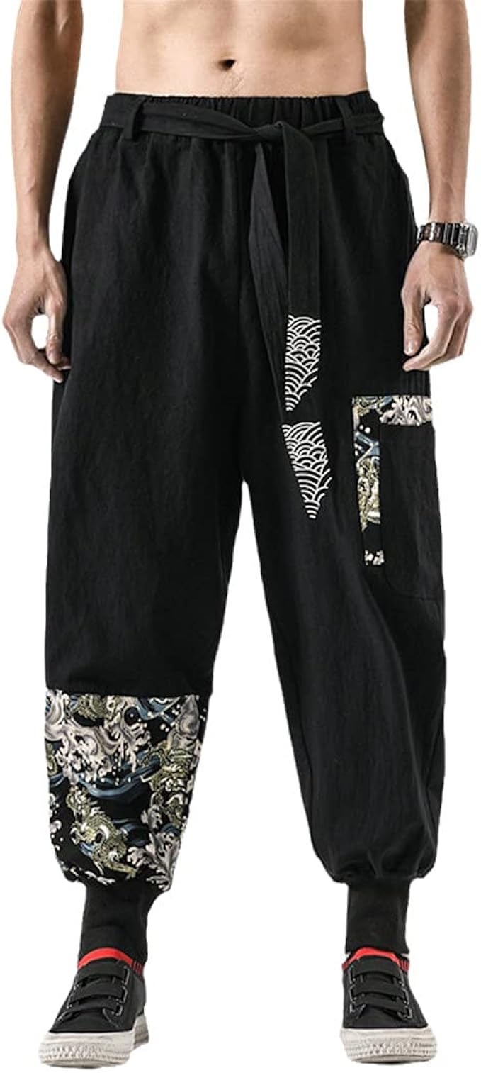 BLACKHEI Japanese Kimono Men Cotton Linen Print Belt Retro Harem Pants