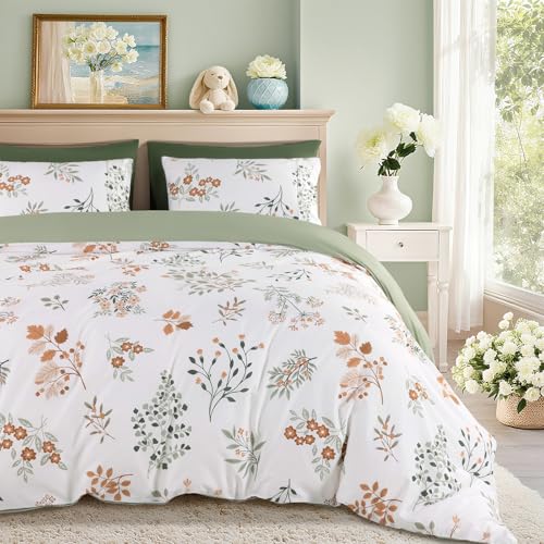 Shilucheng 100% Cotton Floral Duvet Cover King Size - 600 Thread Count, Breathable & Cooling Comforter Cover with Zipper Closure,Hotel Bedding Duvet Covers 3 Piece (Qinyuan Spring & Green)