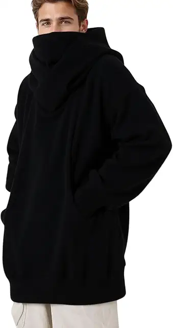 Men's High Collar Hoodie - Oversized Solid Color Pullover for Casual & Sports
